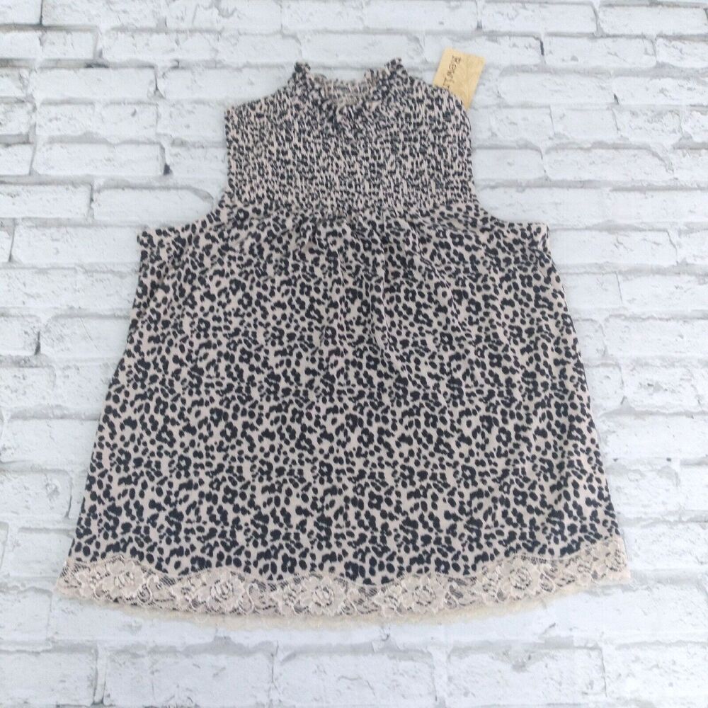 Rewind Blouse Womens Small Beige Animal Print Sleeveless Smocked Lace Top Boho